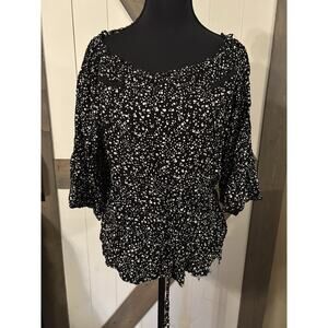 Angie Black White Blouse Large Drawstring Waist Raw Hem Off Shoulder